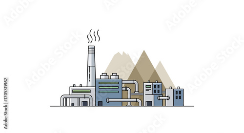 Modern factory illustration with pipeline and smoking chimney near mountains, environmental impact concept