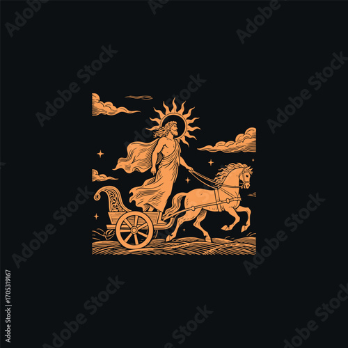engraving of Helios, the Greek god of the sun, driving his celestial chariot. vector template illustration