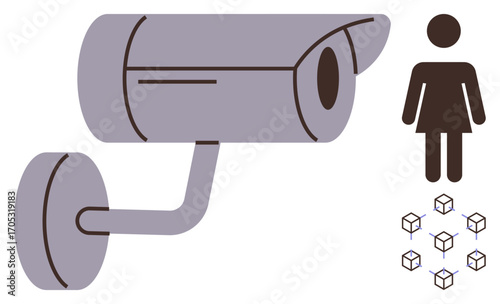 Security camera facing a person figure with digital cube symbols, representing monitoring, data privacy, and control. Ideal for security, technology, surveillance, tracking, privacy AI digital