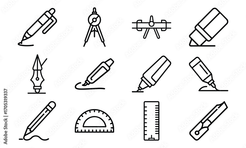 Obraz premium Essential Stationery and Drawing Tools Icons – Pen, Fountain Pen, Marker, Highlighter, Compass, Ruler, Protractor, Sharpener and Design Equipment Outline Set for School, Office and Creative Work