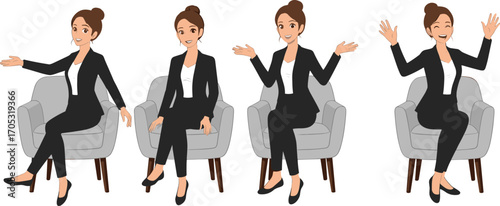 Young businesswoman in black suit sitting on chair, showing various hand gestures, smiling, confident, professional and approachable.