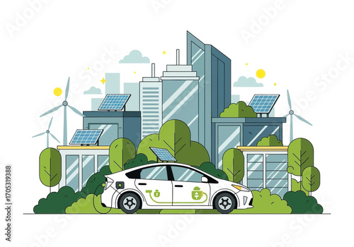 Eco friendly electric car charging in urban environment with solar panels and wind turbines for renewable energy