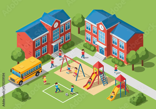 Cheerful isometric school scene with kids playing, bus, and playground equipment ready for learning and fun