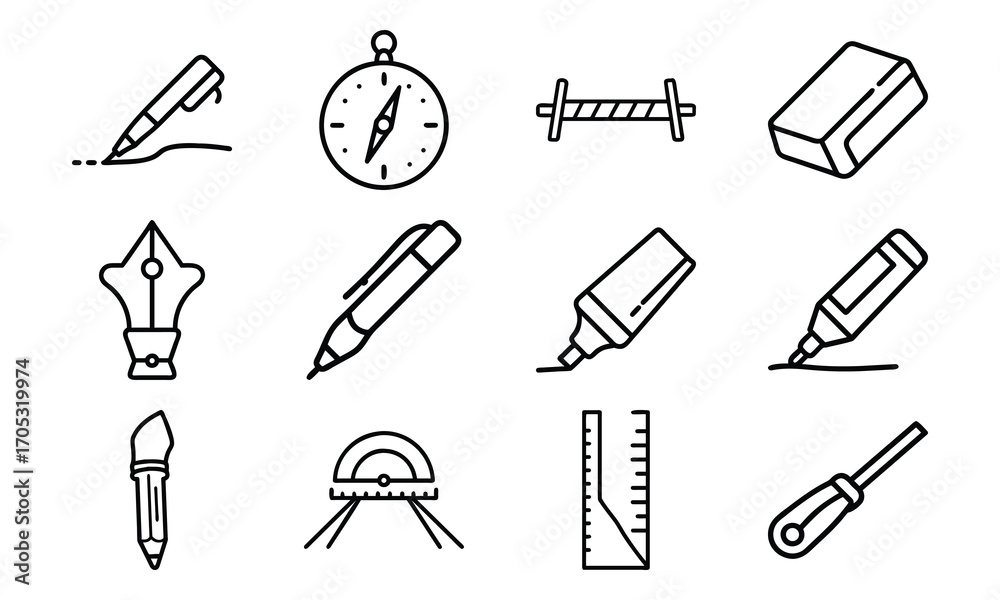 Fototapeta premium Essential Stationery and Drawing Tools Icons – Pen, Fountain Pen, Marker, Highlighter, Compass, Ruler, Protractor, Sharpener and Design Equipment Outline Set for School, Office and Creative Work