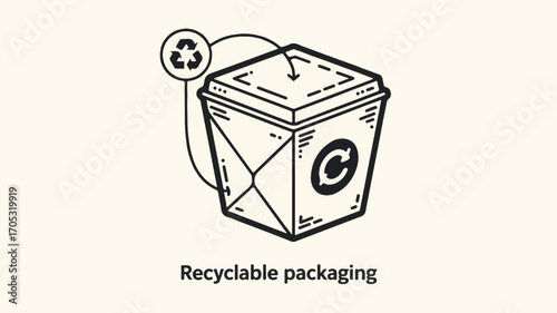 Black and white line art of a recyclable container with recycling symbols packaging eco friendly