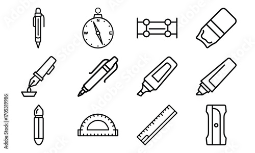 Essential Stationery and Drawing Tools Icons – Pen, Fountain Pen, Marker, Highlighter, Compass, Ruler, Protractor, Sharpener and Design Equipment Outline Set for School, Office and Creative Work