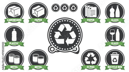 Black and white recycling icons for cardboard paper glass plastic metal ecopad recycle bin vector