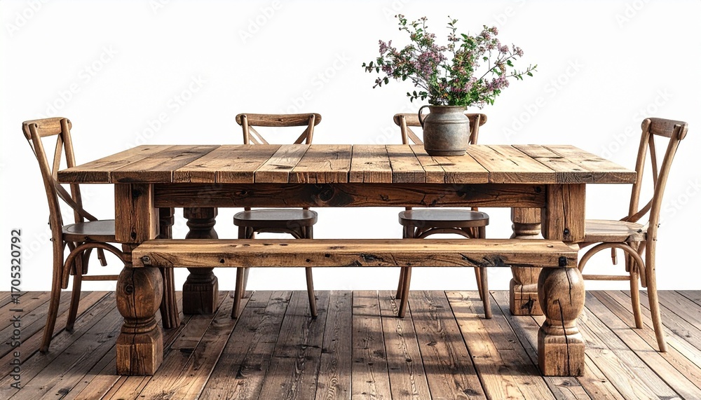 Fototapeta premium Rustic Wooden Table on Wooden Floor with White Background