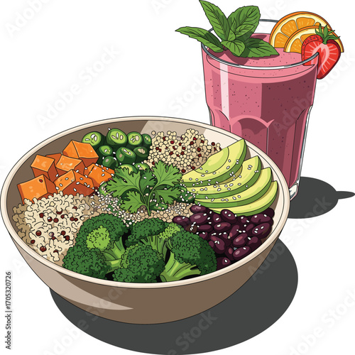 Gourmet Vegan Buddha Bowl with Smoothie and Props Vector