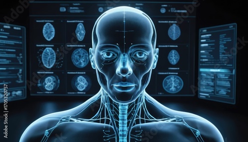 A digital rendering of a human body with internal structures displayed on screens in the background.