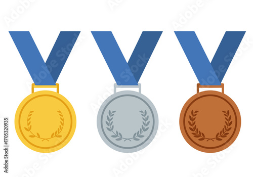 Champion winner medals: gold, silver, and bronze trophies on a red ribbon award for first prize achievement in a sport competition