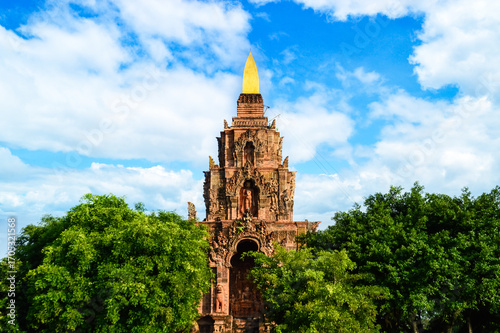 Old Terracotta Pagoda Lanna Architecture, Symbols of Buddhism, South East Asia at The Terracotta Architecture Garden Lamphun, Northern Thailand.