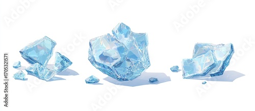 Three pieces of fractured ice, light-blue in color, set against a white background