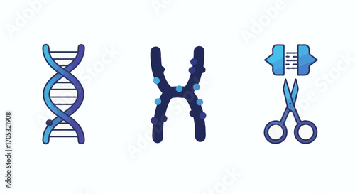 A collection of scientific icons representing genetics, including a DNA double helix, a chromosome, and a gene editing symbol