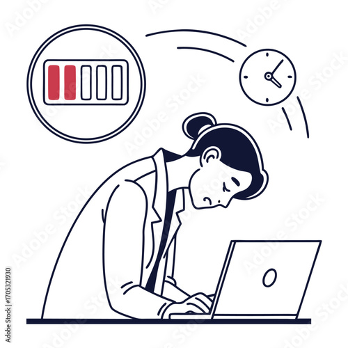 Vector illustration of a tired woman working on a laptop with low battery and clock icons, symbolizing stress, burnout, deadline pressure, fatigue, and overwork in modern lifestyle and office jobs.
