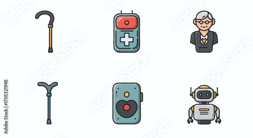 A set of colorful line icons representing elderly care, assistive technology, and medical support for seniors