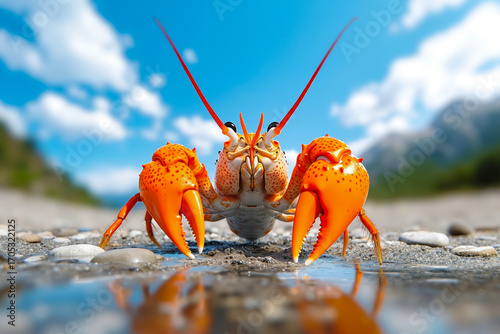 A large orange crab standing on top of a sandy beach
