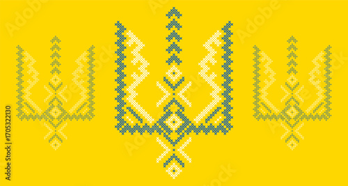 Ukrainian Tryzub Trident with Traditional Cross-Stitch Embroidery Pattern in Blue and Yellow Colors – National Emblem Vector Symbol, Patriotic Folk Design for Posters, Prints, Clothing