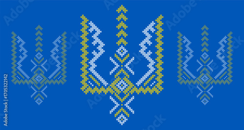 Ukrainian Tryzub Trident with Traditional Cross-Stitch Embroidery Pattern in Blue and Yellow Colors – National Emblem Vector Symbol, Patriotic Folk Design for Posters, Prints, Clothing
