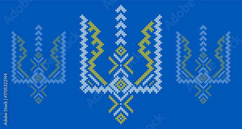 Ukrainian Tryzub Trident with Traditional Cross-Stitch Embroidery Pattern in Blue and Yellow Colors – National Emblem Vector Symbol, Patriotic Folk Design for Posters, Prints, Clothing
