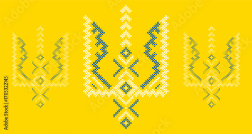 Ukrainian Tryzub Trident with Traditional Cross-Stitch Embroidery Pattern in Blue and Yellow Colors – National Emblem Vector Symbol, Patriotic Folk Design for Posters, Prints, Clothing