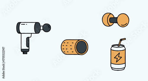 Collection of fitness and wellness icons massage gun, foam roller, dumbbell, and energy drink