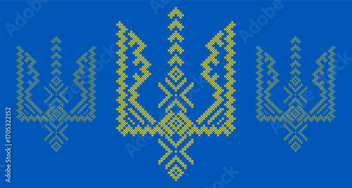 Ukrainian Tryzub Trident with Traditional Cross-Stitch Embroidery Pattern in Blue and Yellow Colors – National Emblem Vector Symbol, Patriotic Folk Design for Posters, Prints, Clothing