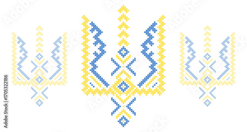 Ukrainian Tryzub Trident with Traditional Cross-Stitch Embroidery Pattern in Blue and Yellow Colors – National Emblem Vector Symbol, Patriotic Folk Design for Posters, Prints, Clothing