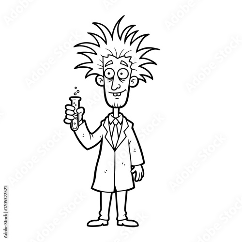 Black and white cartoon drawing of a mad scientist with wild hair, wearing a lab coat and holding a bubbling test tube.