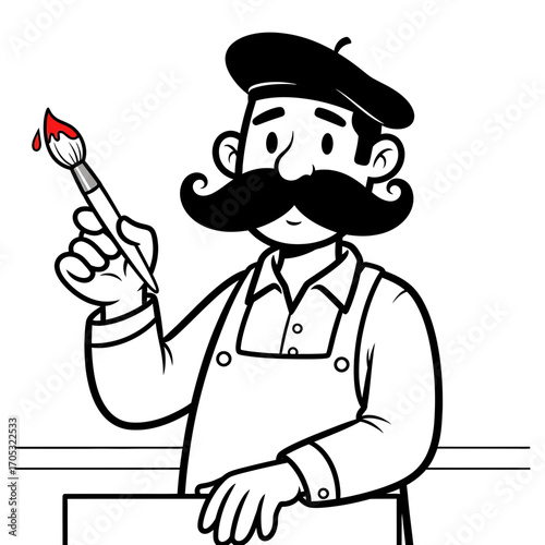 Cartoon artist with a beret and mustache holding a paintbrush with red paint, wearing an apron, in a black and white line art style.