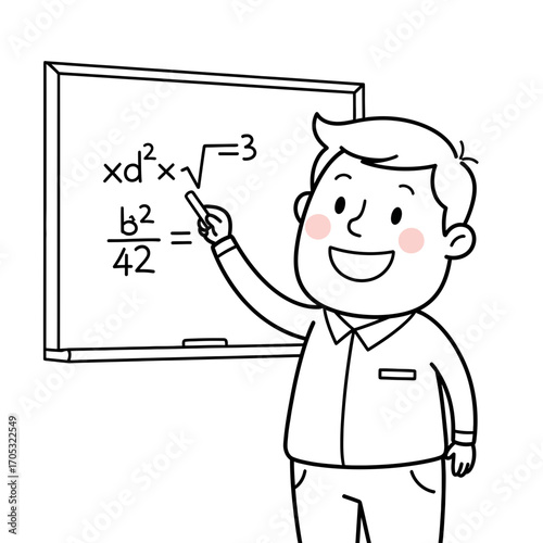 A happy cartoon man, possibly a teacher or professor, pointing at a whiteboard with mathematical equations, drawn in a simple outline style.