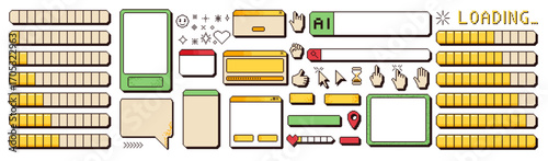 Pixel art retro windows interfaces set . 8 bit frames and icons. 90s text boxes and internet design elements. Vintage loading bar, search and phone border with cursors collection. Vector illustration.