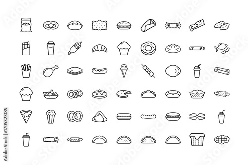 Fast Snacks Line Art Icon Collection, Minimal Black Silhouette Vector of Burger, Pizza, Hot Dog, Fries, Donut, Sandwich, Smoothie, Coffee, Popcorn and Popular Fast Food Snacks, Editable Vector.