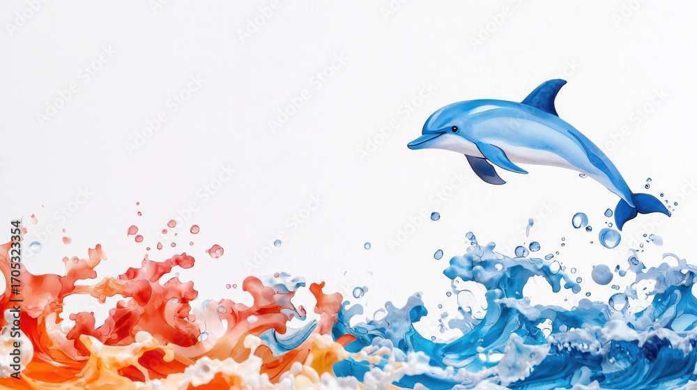 Fototapeta premium Vibrant dolphin leaps gracefully above colorful waves, showcasing dynamic blend of orange and blue splashes. scene captures essence of joy