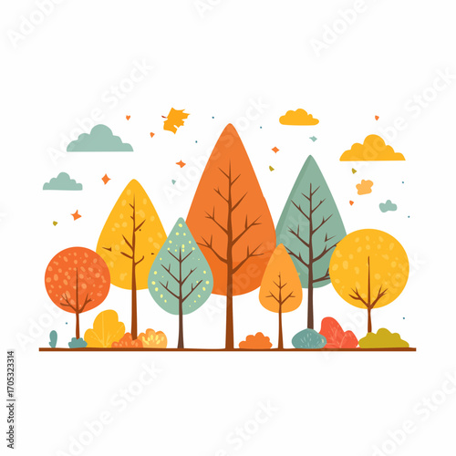 autumn trees, set of vector illustrations of cute trees and shrubs