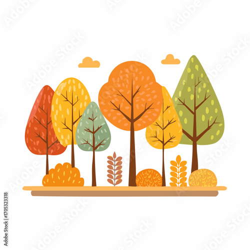 autumn trees, set of vector illustrations of cute trees and shrubs
