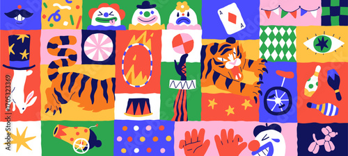 Geometric background of circus. Colourful pattern of clowns, tiger jumping through flaming hoop, magician tricks. Cirque performance, funny carnival. Purim party banner. Flat vector illustration