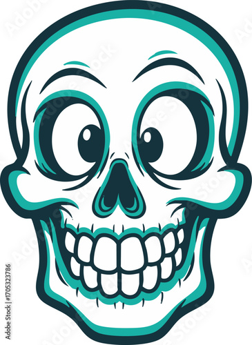Cartoon skull with exaggerated features and big, round eyes is grinning, outlined in teal and navy on a white background, creating a playful yet spooky vibe for Halloween designs.