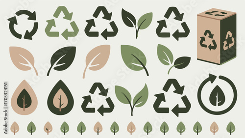 Recycling symbols leaves and box green brown