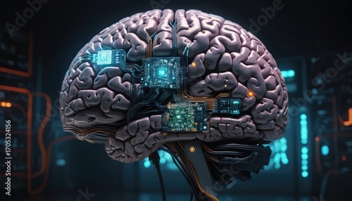 A human brain augmented with integrated microchips, showcasing technological enhancement of cognitive function within a futuristic lab setting.