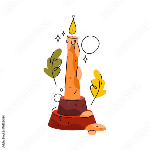 Autumn candle or interior light with leaves. Vector evening candlelight for fall sign. Night wax flame with holder. Glowing warm table decor, home illumination ornament. Cartoon heat and glow emblem.