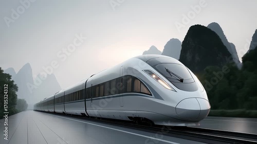 High-speed train speeding through mountains and rivers