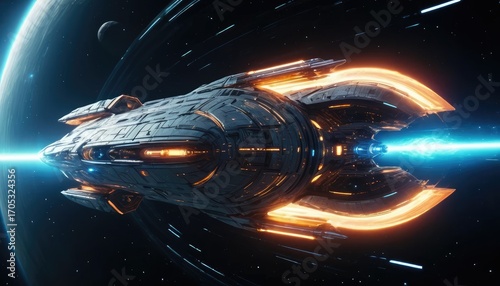 Futuristic spaceship emitting blue energy trails, flying through space with a planet and stars in the background.