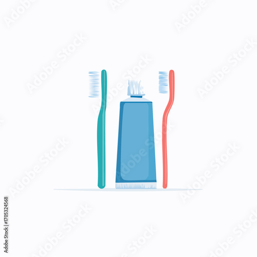 Colorful Toothbrushes and Toothpaste Tube Set.