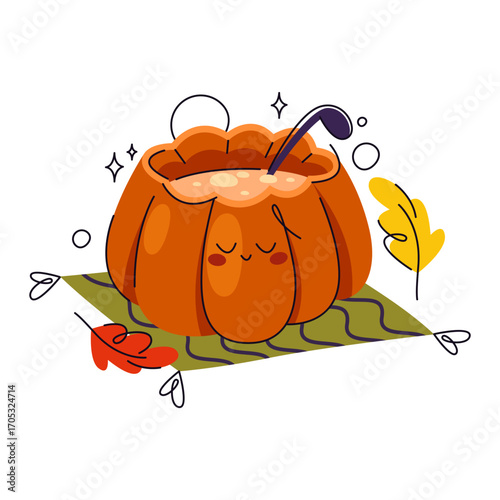Thanksgiving pumpkin soup in gourd bowl. Vector warm homemade dish for autumn festive or fall holiday, Halloween meal or family gathering dinner. Natural and organic seasonal food. Cooking recipe.