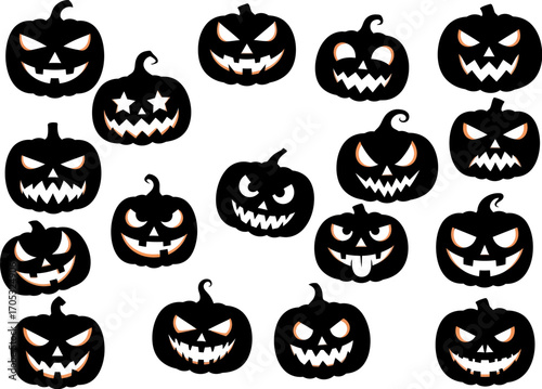 Collection of silhouette pumpkins with carved faces featuring different expressions arranged on a white background, conveying a spooky Halloween atmosphere and ideal for seasonal design projects.