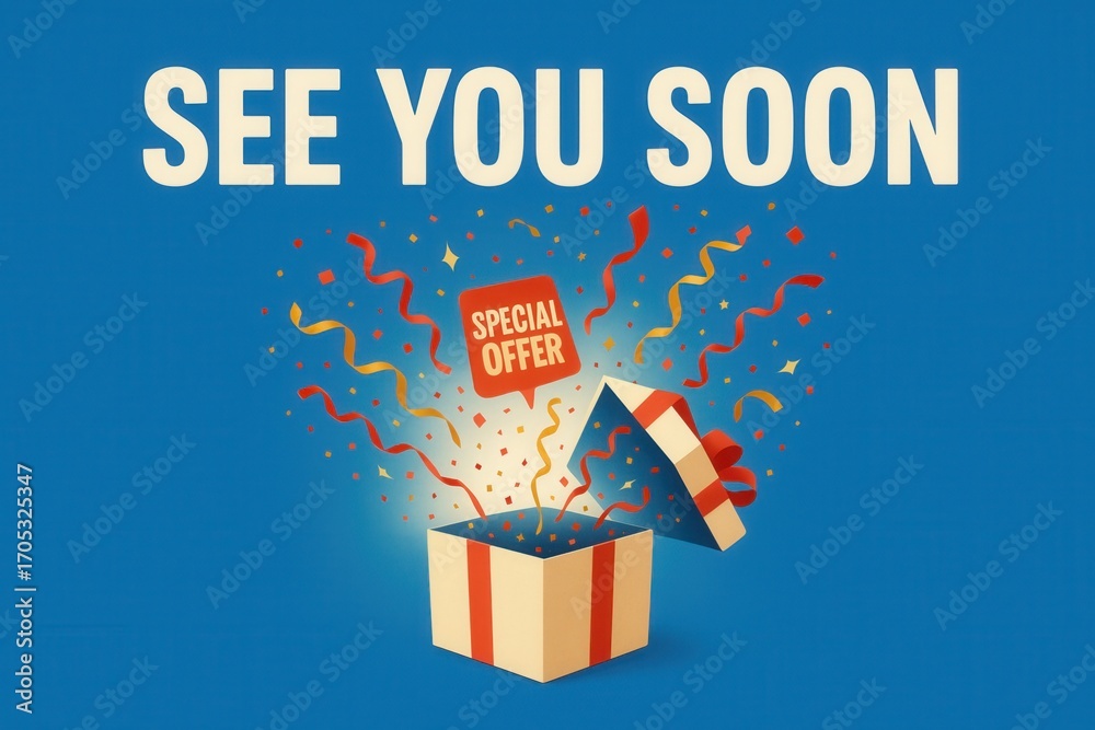 Fototapeta premium SEE YOU SOON with SPECIAL OFFER banner, festive style, engaging retail discount promotion.