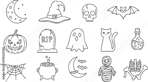 Collection of Halloween-themed icons, like pumpkin, bat, and ghost, illustrated in a simple black and white style, perfect for creating flyers and greeting cards during the season.