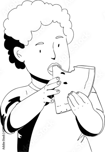 A little boy is eating watermelon. Vector illustration.