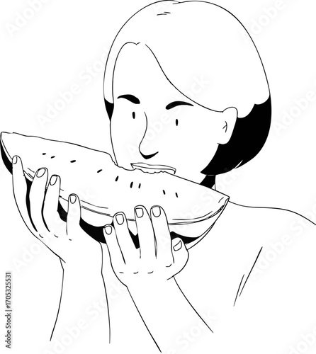 A girl is eating watermelon. Vector illustration.